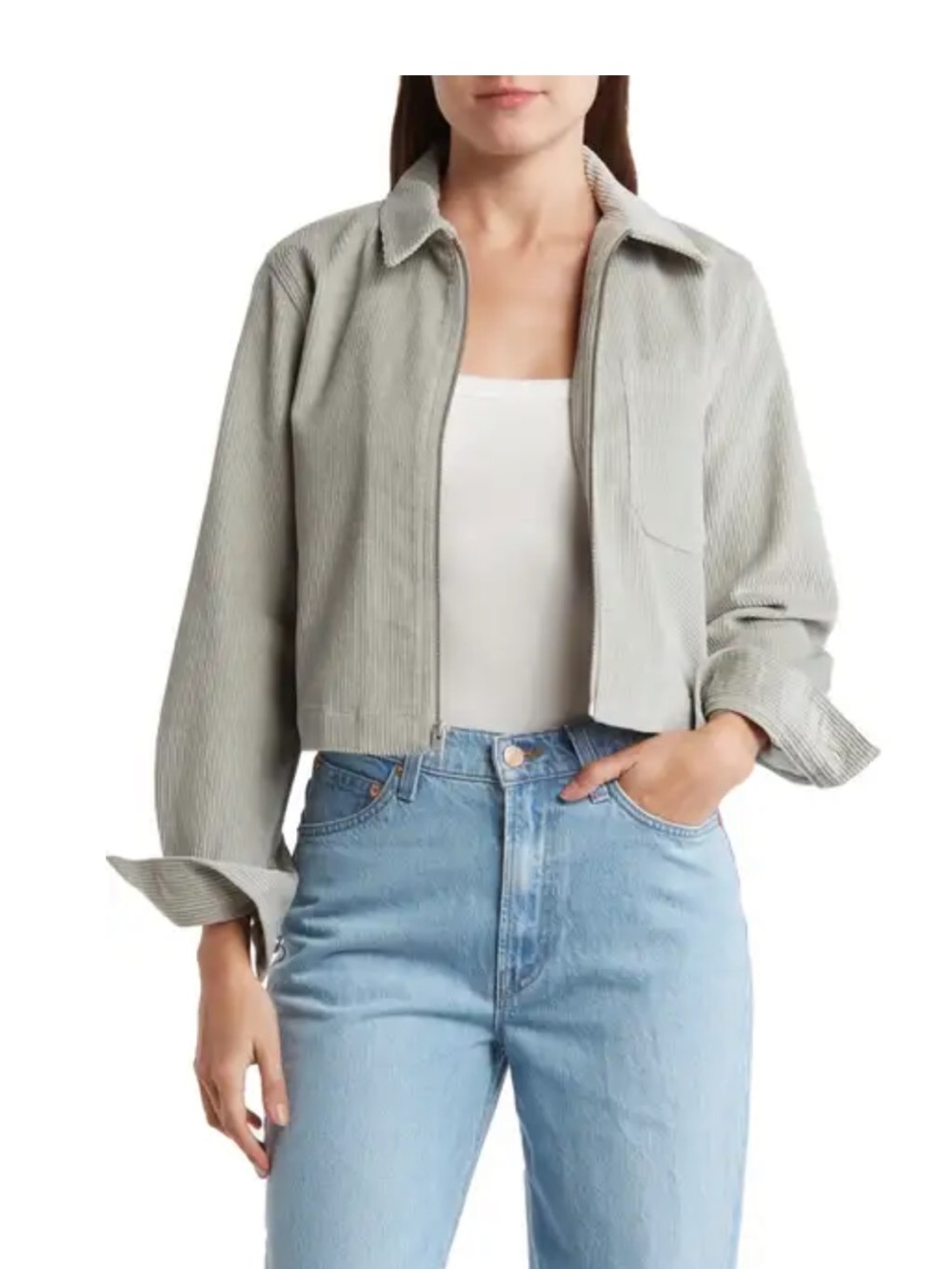 Cropped Light Gray Corduroy Jean Jacket - Women